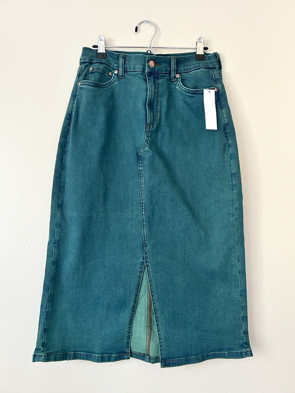 Canyon Retreat Teal Green Denim Midi Skirt Women Size 8 Front Slit Stretch